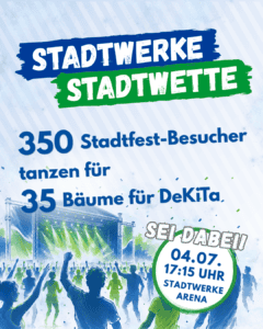 Grafik zur Stadtwette mit Tanzenden vor Bühne.