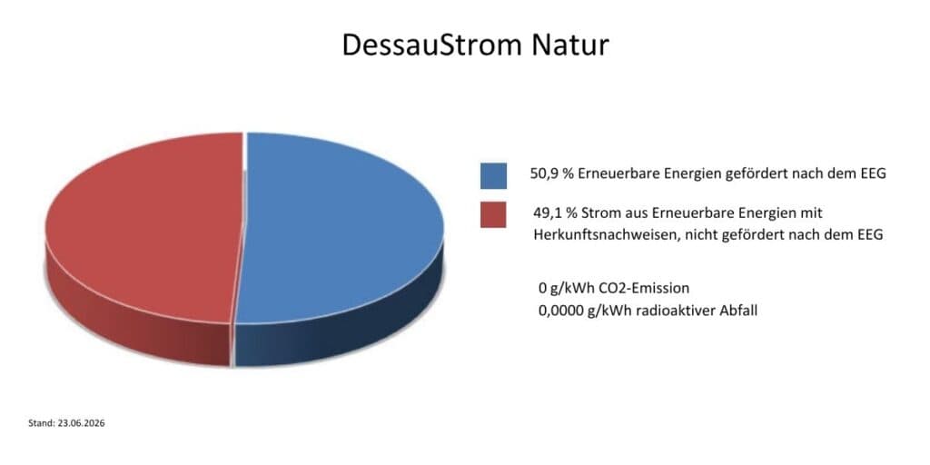 DessauStrom Natur 2025 Strommix Grafik zu erneuerbarer Energie in Dessau mit 50,9% Förderung nach EEG.